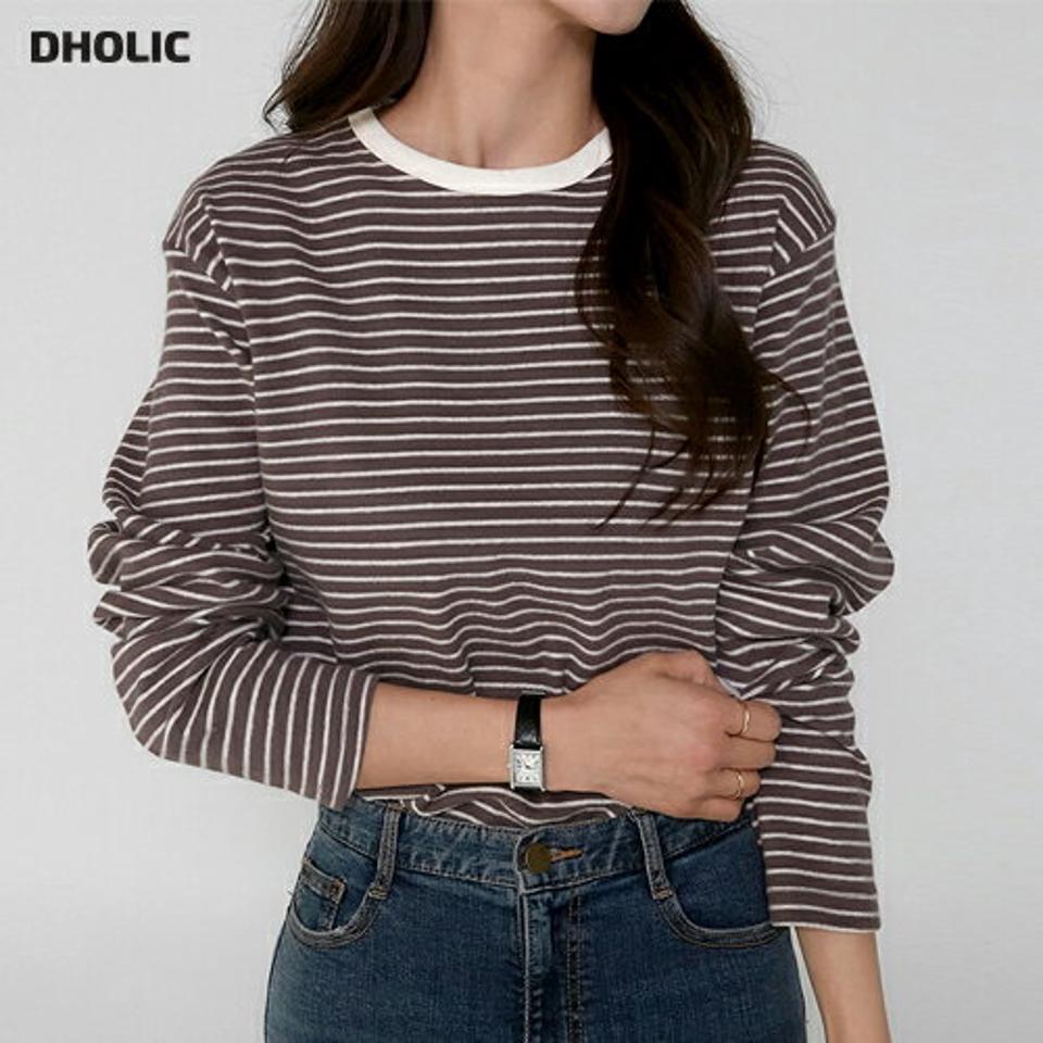 起毛ボーダー長袖Tシャツ・t00247 レディース 【tops】トップス Tシャツ 大人 長袖 ラウンドネック 配色 ボーダー 起毛 シンプル 大人 フェミニン カジュアル かわいい 可愛い 秋 冬 韓国ファッション
