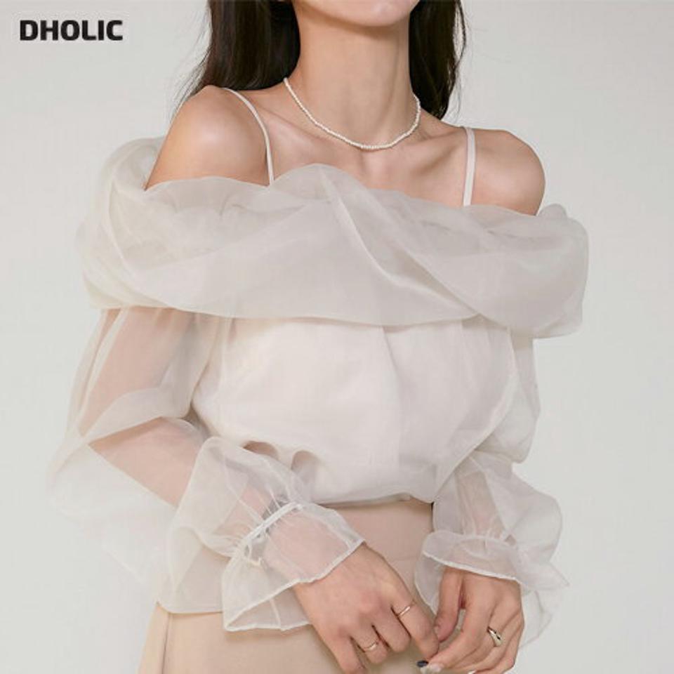 オーガンジーオフショルブラウス・t00254 レディース 【bl】トップス ブラウス 長袖 オフショルダー オーガンジー デコルテ 鎖骨 大人 キャンディースリーブ かわいい 可愛い 上品 カジュアル フェミニン 秋 冬 韓国ファッション