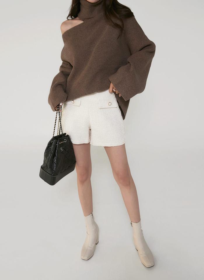 フラップツイードショートパンツ・t00269 レディース 【pt】ボトムス ショート ショートパンツ フラップ ツイード バックダーツ ショート丈 ハイウエスト シンプル フェミニン カジュアル 秋 冬 韓国ファッション