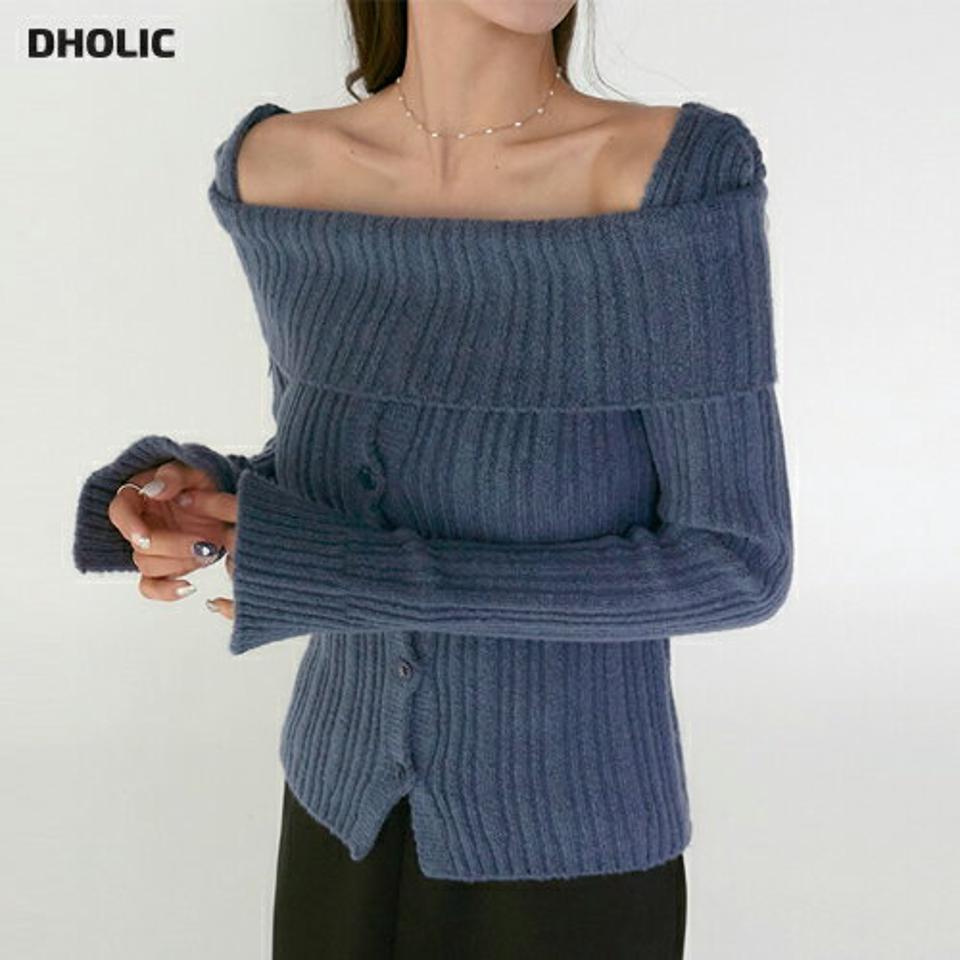 ボタンオフショルリブニット・t00257 レディース 【tops】トップス ニット 大人 オフショルダー 長袖 リブ スリム スリット 鎖骨 デコルテ 大人 シンプル フェミニン カジュアル かわいい 可愛い 秋 冬 韓国ファッション