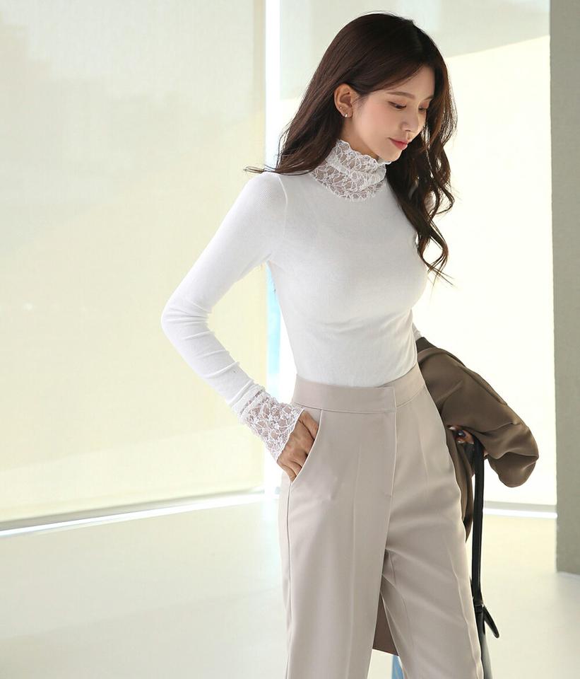 レースヘムハイネックTシャツ・t00493 レディース 【tops】トップス Tシャツ 大人 長袖 ハイネック レースヘム フラワーレース スリム シンプル 大人 フェミニン カジュアル かわいい 可愛い 秋 冬 韓国ファッション