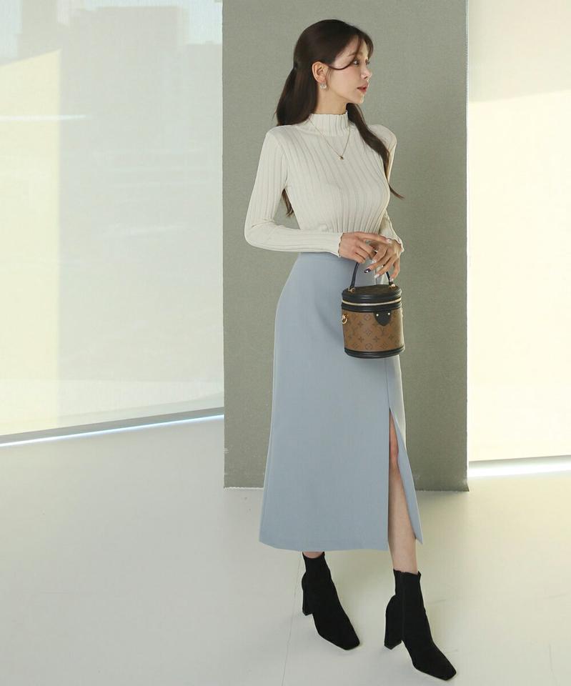リブハーフネックニット・t00495 レディース 【tops】トップス ニット 大人 ハーフネック 長袖 リブ スリム 大人 シンプル フェミニン カジュアル かわいい 可愛い 秋 冬 韓国ファッション