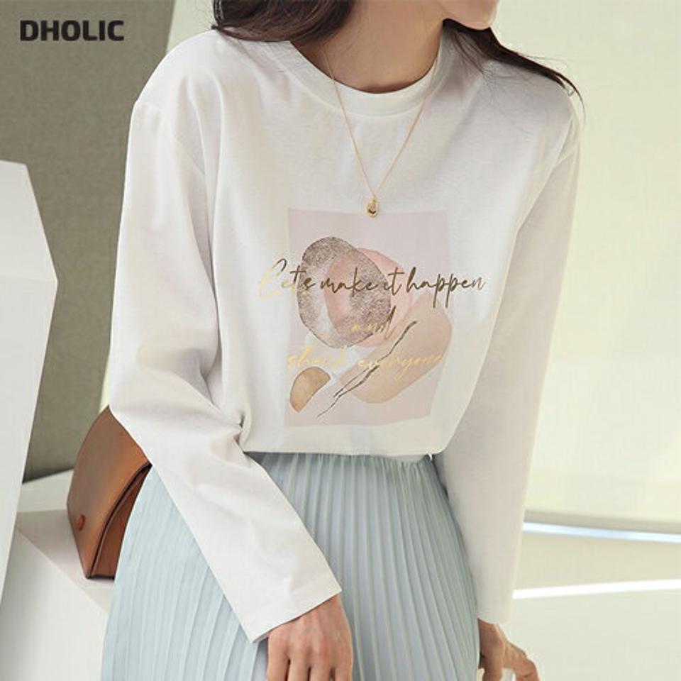 グラフィックプリント長袖Tシャツ・t00488 レディース 【tops】トップス Tシャツ 大人 長袖 ラウンドネック グラフィックプリント アンバランスへム シンプル フェミニン カジュアル かわいい 可愛い 秋 冬 韓国ファッション