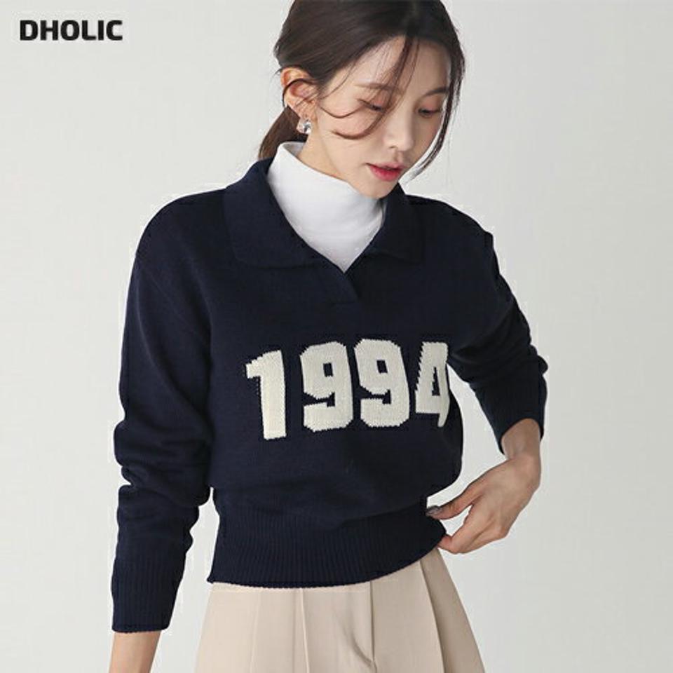 1994カラーネックニット・t00498 レディース 【tops】トップス ニット 大人 カラーネック スリット 長袖 ロゴ リブヘム クロップド丈 大人 シンプル フェミニン カジュアル かわいい 可愛い 秋 冬 韓国ファッション