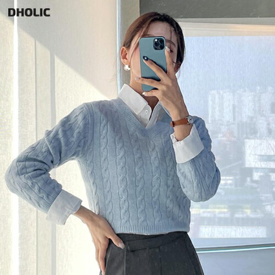 Vネッククロップドケーブルニット・t00497 レディース 【tops】トップス ニット 大人 Vネック 長袖 ケーブル編み リブヘム クロップド丈 大人 シンプル フェミニン カジュアル かわいい 可愛い 秋 冬 韓国ファッション