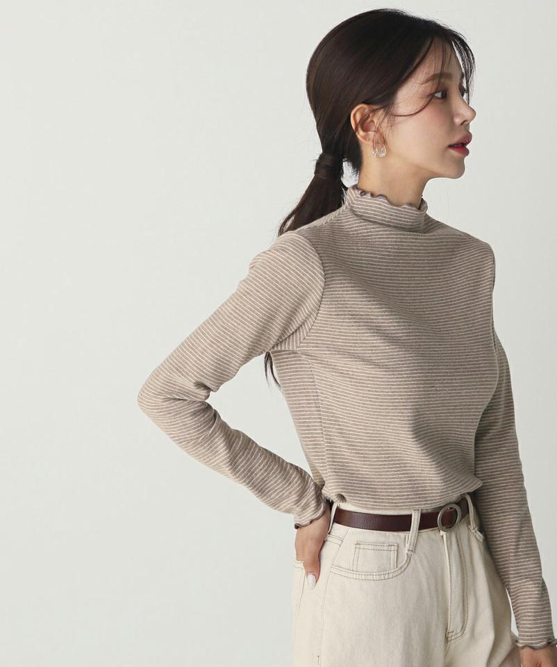 ボーダーメロウハーフネックTシャツ・b00492 レディース 【tops】トップス Tシャツ 大人 長袖 ハーフネック ボーダー メロウヘム シンプル フェミニン カジュアル かわいい 可愛い 秋 冬 韓国ファッション