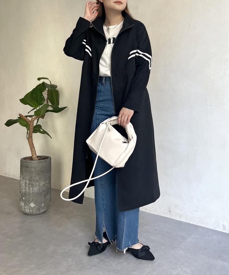 配色テープスタンドネックロングコート