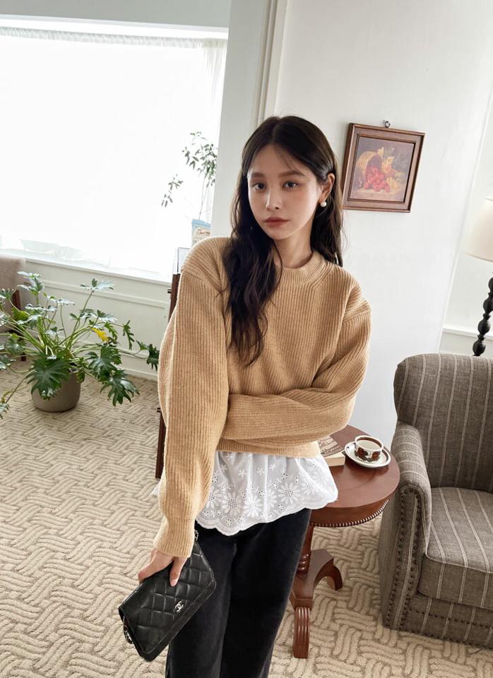 ラウンドネックニット・b71691 レディース 【tops】トップス ニット 大人 ラウンドネック 長袖 ドロップショルダ メランジカラー アンバランス ラウンドヘム 無地 単色 シンプル フェミニン カジュアル かわいい 可愛い 秋 冬 春 韓国ファッション
