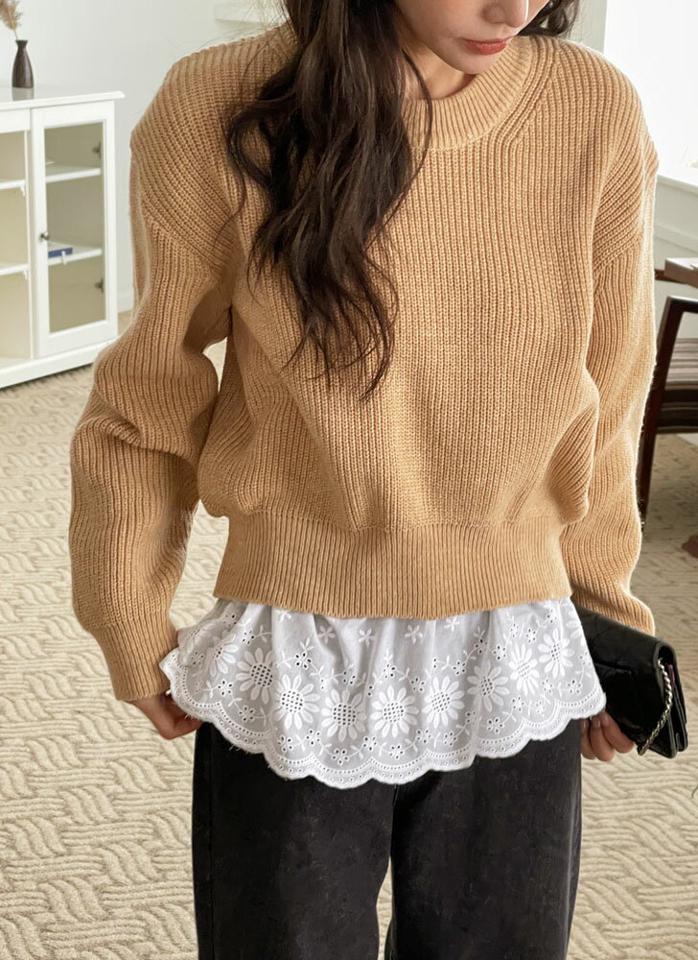 ラウンドネックニット・b71691 レディース 【tops】トップス ニット 大人 ラウンドネック 長袖 ドロップショルダ メランジカラー アンバランス ラウンドヘム 無地 単色 シンプル フェミニン カジュアル かわいい 可愛い 秋 冬 春 韓国ファッション