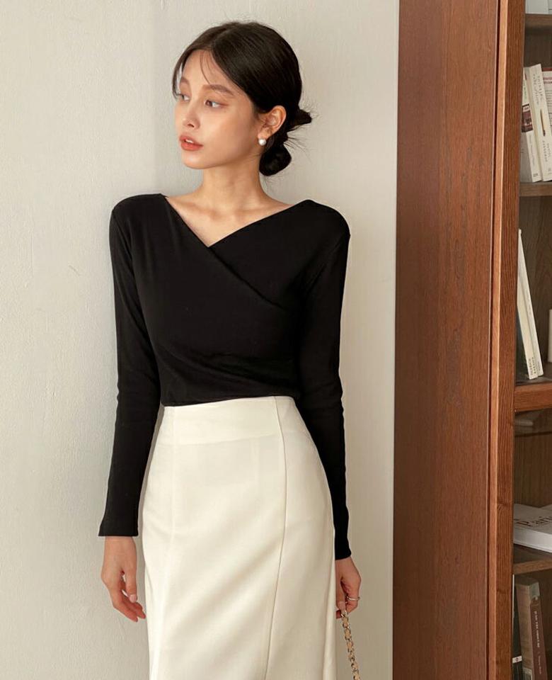 カシュクールリブ長袖Tシャツ・t00043 レディース 【tops】トップス Tシャツ Vネック オフショルダー 長袖 カシュクール リブ スリム シンプル 大人 無地 単色 シンプル 大人 フェミニン カジュアル 秋 冬 春 韓国ファッション
