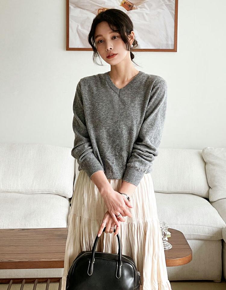 Vネック長袖ニット・t00041 レディース 【tops】トップス ニット 大人 Vネック 長袖 リブヘム メランジカラー 無地 単色 ベーシック シンプル フェミニン カジュアル かわいい 可愛い 秋 冬 春 韓国ファッション
