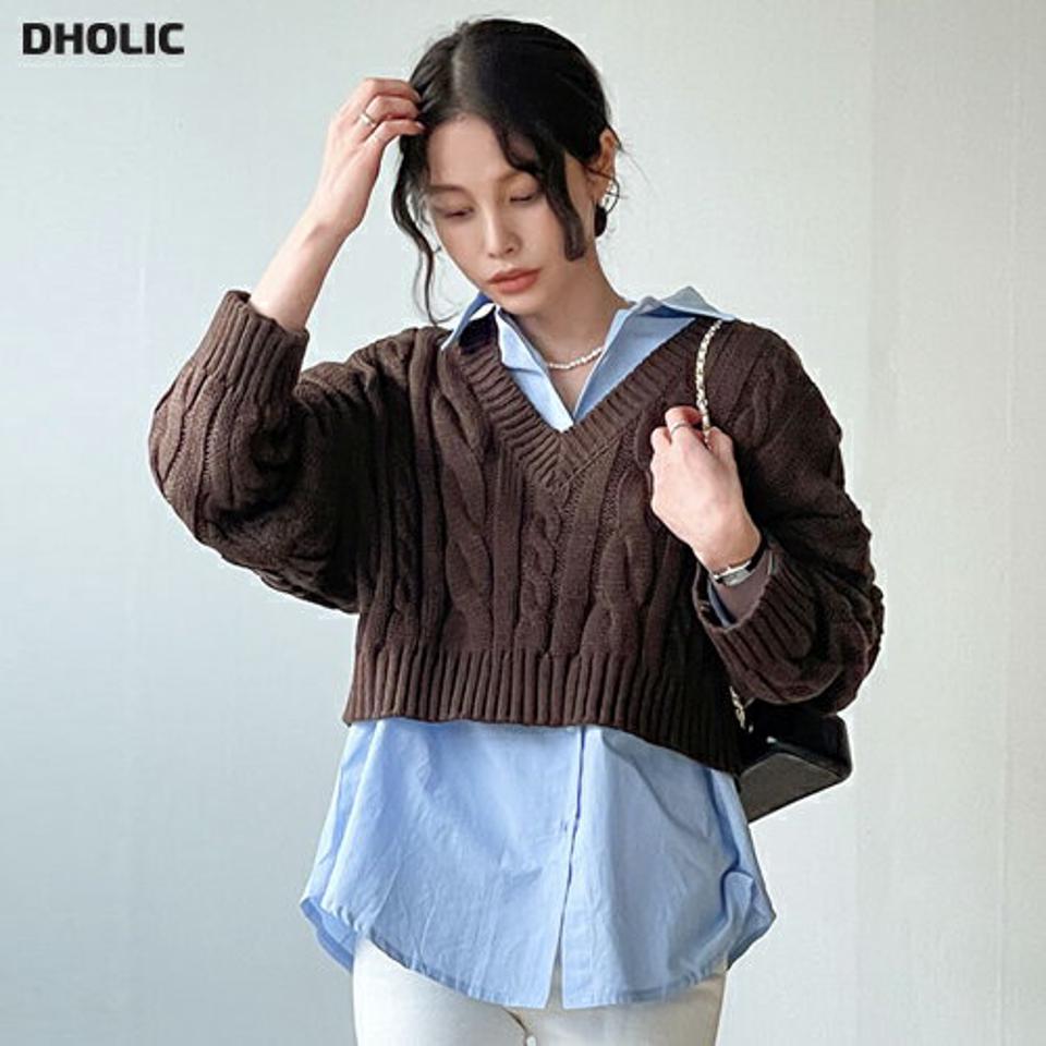 Vネックアクリルケーブルニット・b00038 レディース 【tops】トップス ニット 大人 Vネック 長袖 ドロップショルダーリブヘム ケーブル編み クロップド丈 シンプル フェミニン カジュアル かわいい 可愛い 秋 冬 春 韓国ファッション
