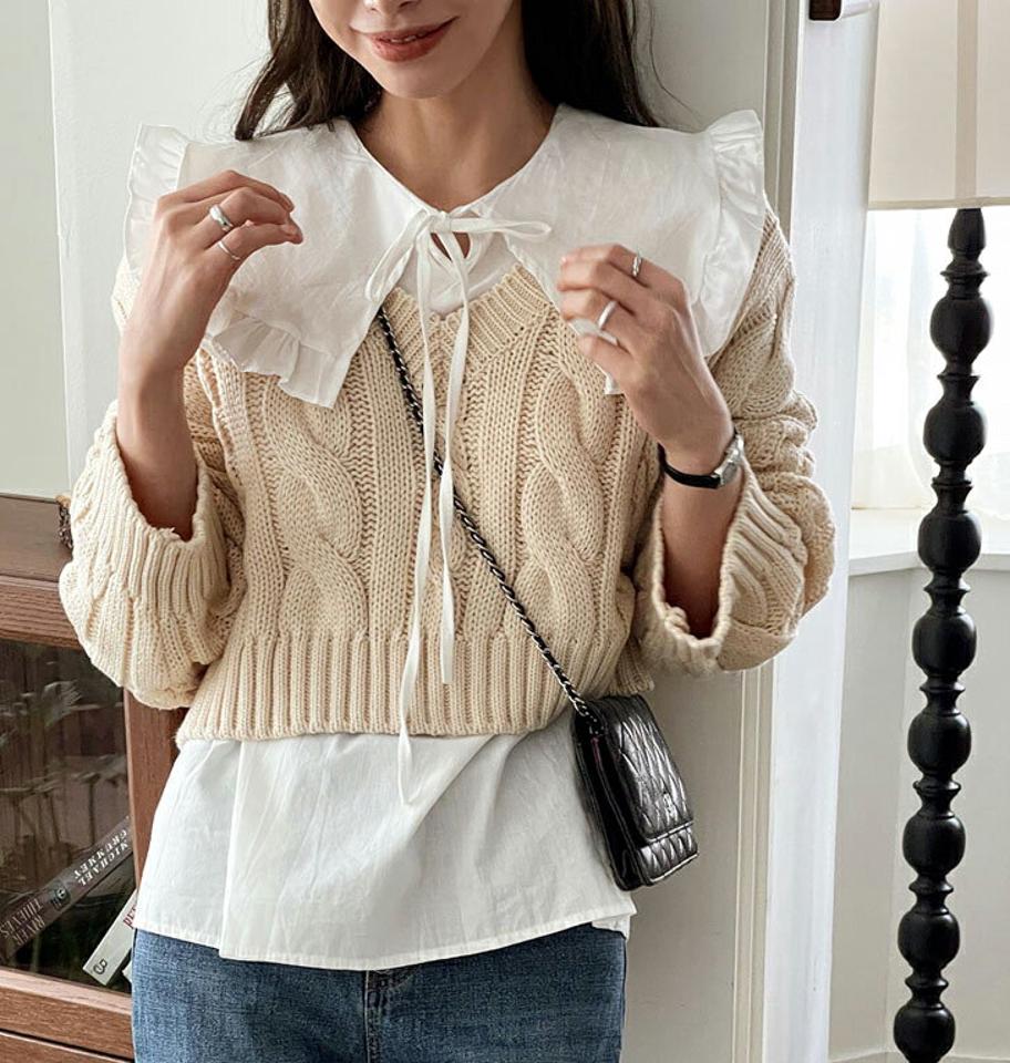 Vネックアクリルケーブルニット・b00038 レディース 【tops】トップス ニット 大人 Vネック 長袖 ドロップショルダーリブヘム ケーブル編み クロップド丈 シンプル フェミニン カジュアル かわいい 可愛い 秋 冬 春 韓国ファッション