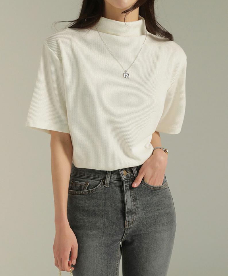 リブハーフネック半袖Tシャツ・t00116 レディース 【tops】トップス Tシャツ ハーフネック 半袖 リブ 大人 無地 単色 シンプル 大人 フェミニン カジュアル かわいい 可愛い 秋 冬 春 韓国ファッション