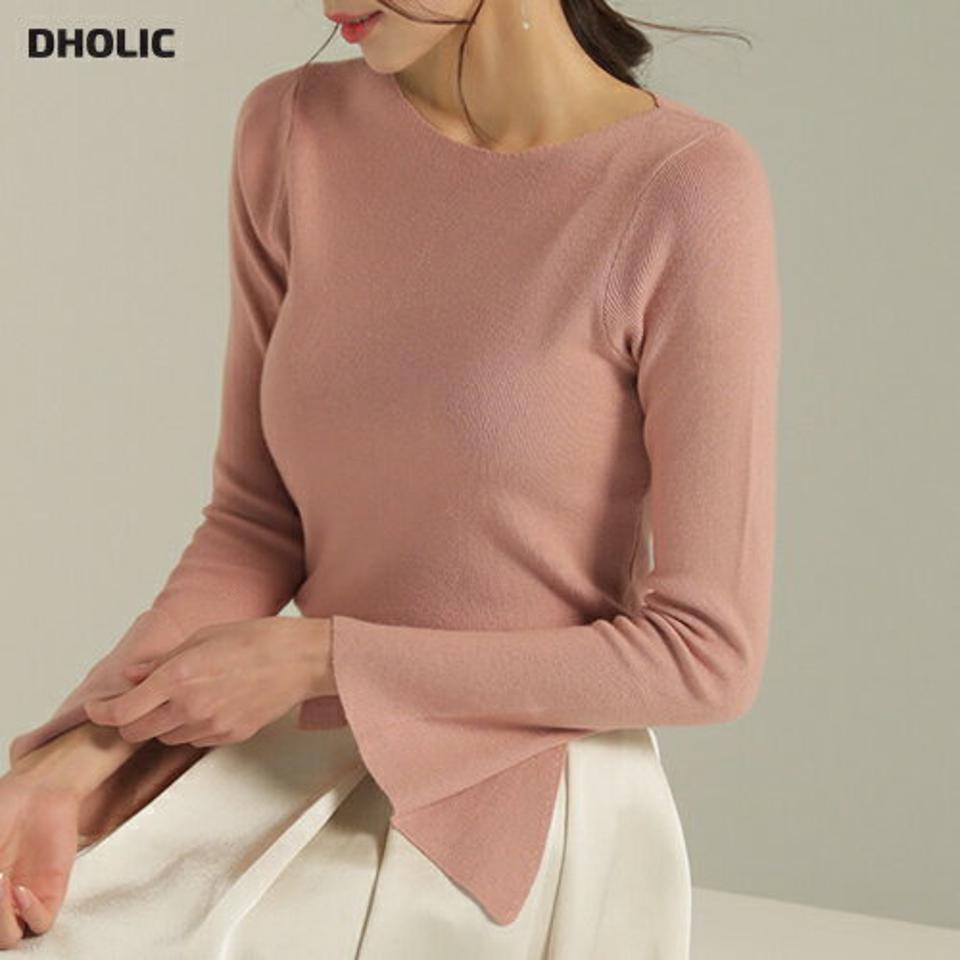 ベルスリーブボートネックニット・b00121 レディース 【tops】トップス ニット 大人 ボートネック 長袖 ベル ロングスリーブ スリット シンプル 無地 単色 フェミニン カジュアル かわいい 可愛い 秋 冬 春 韓国ファッション