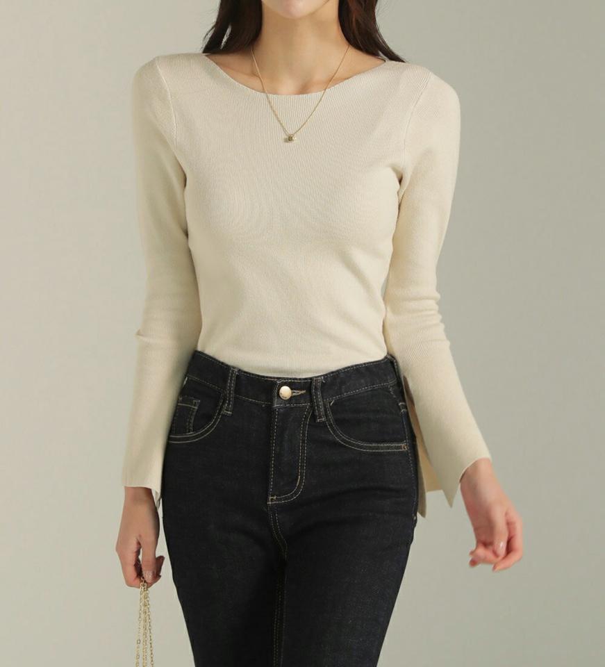 ベルスリーブボートネックニット・b00121 レディース 【tops】トップス ニット 大人 ボートネック 長袖 ベル ロングスリーブ スリット シンプル 無地 単色 フェミニン カジュアル かわいい 可愛い 秋 冬 春 韓国ファッション