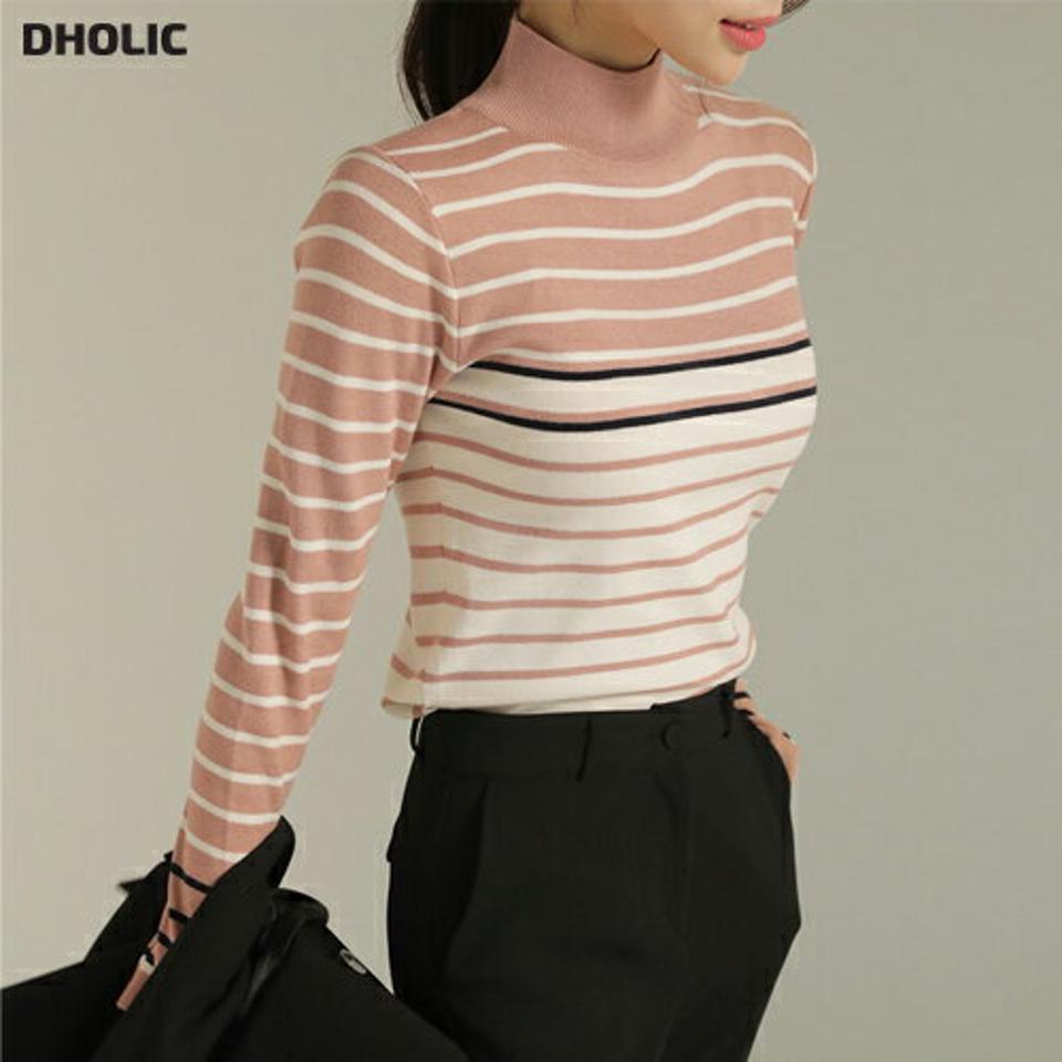 マルチカラーボーダーハーフネックニット・b00124 レディース 【tops】トップス ニット 大人 ハーフネック 長袖 ボーダー マルチカラー ユニーク 配色 フェミニン カジュアル かわいい 可愛い 秋 冬 春 韓国ファッション