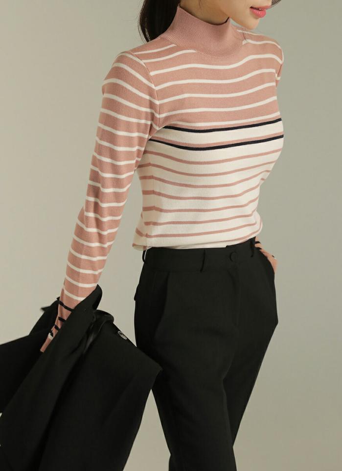 マルチカラーボーダーハーフネックニット・b00124 レディース 【tops】トップス ニット 大人 ハーフネック 長袖 ボーダー マルチカラー ユニーク 配色 フェミニン カジュアル かわいい 可愛い 秋 冬 春 韓国ファッション