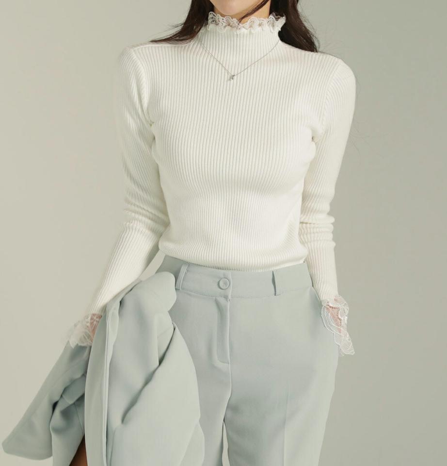 レースヘムハーフネックリブニット・b00128 レディース 【tops】トップス ニット 大人 メロウハーフネック 長袖 レース スリット メランジカラー リブ シンプル フェミニン カジュアル かわいい 可愛い 秋 冬 春 韓国ファッション