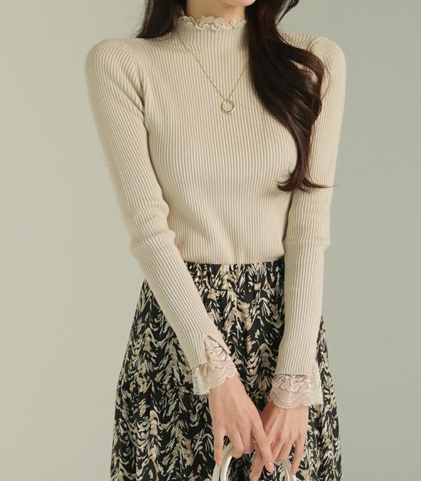 レースヘムハーフネックリブニット・b00128 レディース 【tops】トップス ニット 大人 メロウハーフネック 長袖 レース スリット メランジカラー リブ シンプル フェミニン カジュアル かわいい 可愛い 秋 冬 春 韓国ファッション