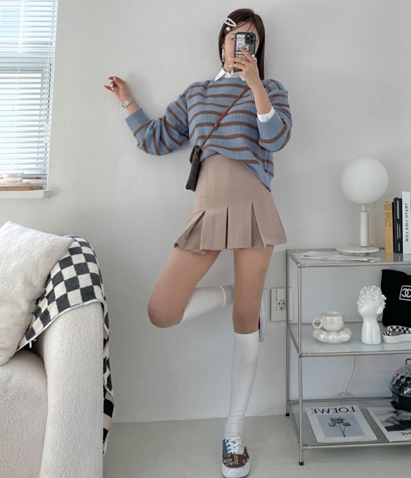 ボーダーラウンドネックニット・p001366 レディース 【tops】トップス ニット 長袖 柄 模様 ボーダー ラウンドネック ドロップショルダー 秋 冬 カジュアル ラフ 韓国ファッション MKT
