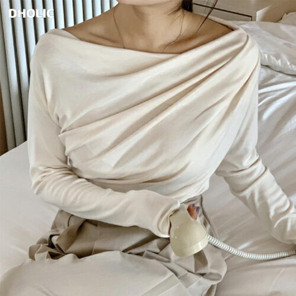 2WAYドレープTシャツ・p001353 レディース 【tops】トップス Tシャツ 長袖 単色 無地 シンプル ベーシック ドレープネック 2WAY ボートネック オフショルダー 鎖骨 デコルテ 肩出し セクシー 秋 冬 大人 フェミニン 韓国ファッション MKT