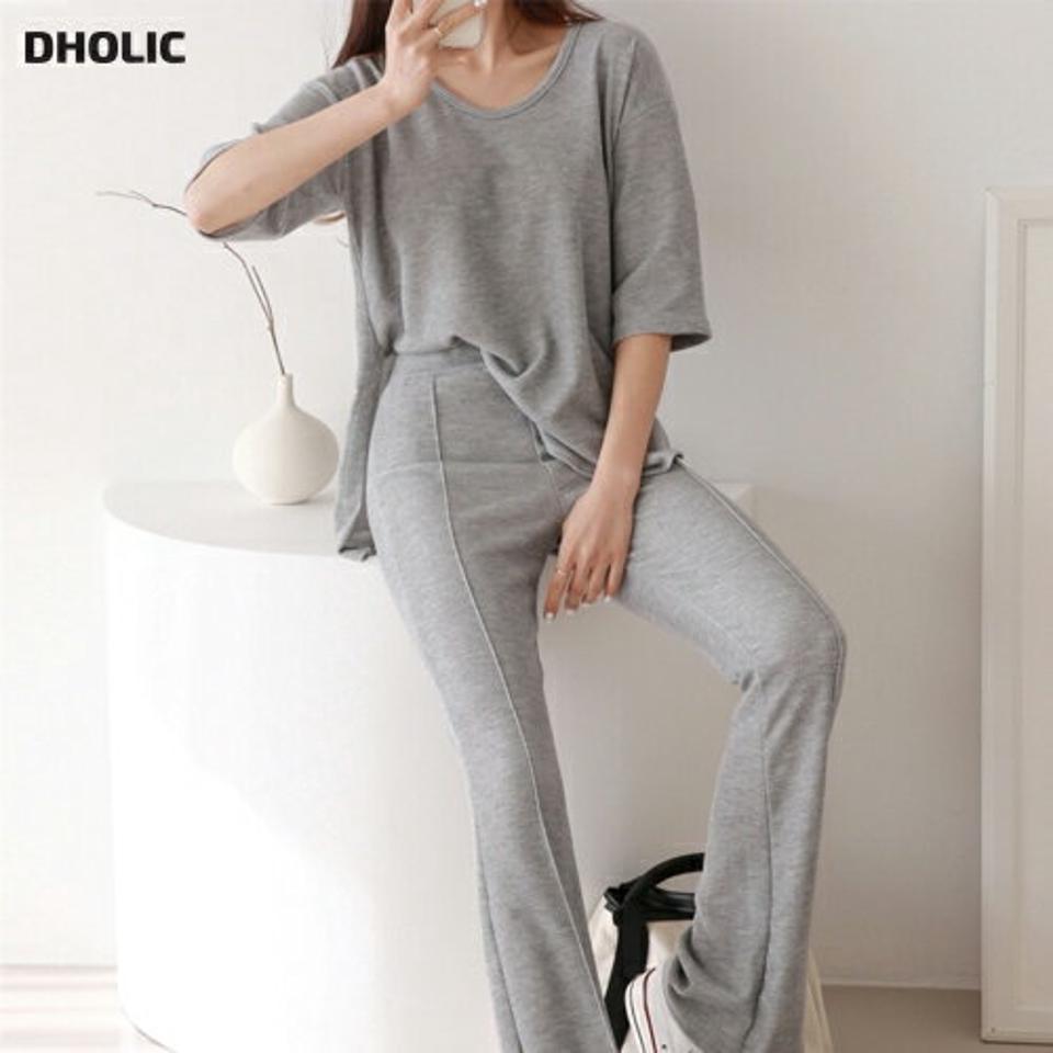 アンバランスTシャツ&フレアパンツSET・p001317 レディース 【pt】セットアップ セット setup トップス Tシャツ 単色 無地 シンプル ベーシック 半袖 パンツ ロング丈 メランジ フレア 春 夏 カジュアル ラフ ワンマイルウェア 韓国ファッション MKT