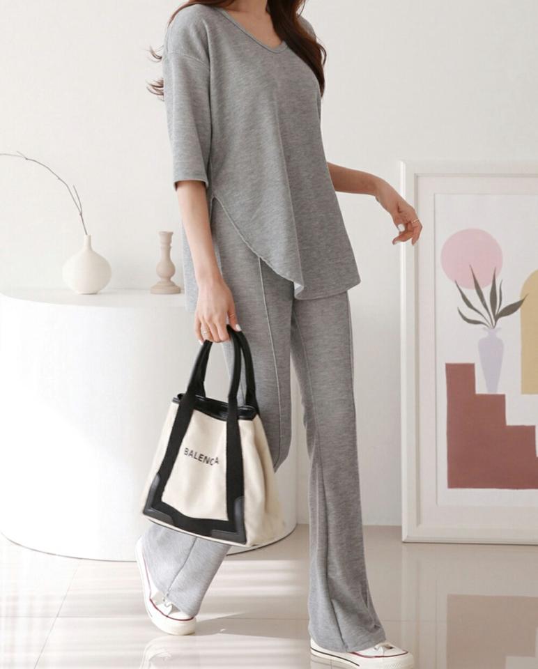 アンバランスTシャツ&フレアパンツSET・p001317 レディース 【pt】セットアップ セット setup トップス Tシャツ 単色 無地 シンプル ベーシック 半袖 パンツ ロング丈 メランジ フレア 春 夏 カジュアル ラフ ワンマイルウェア 韓国ファッション MKT