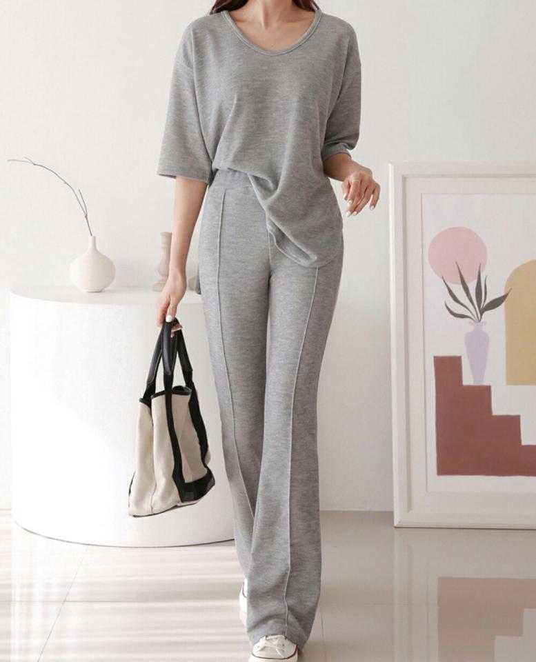 アンバランスTシャツ&フレアパンツSET・p001317 レディース 【pt】セットアップ セット setup トップス Tシャツ 単色 無地 シンプル ベーシック 半袖 パンツ ロング丈 メランジ フレア 春 夏 カジュアル ラフ ワンマイルウェア 韓国ファッション MKT