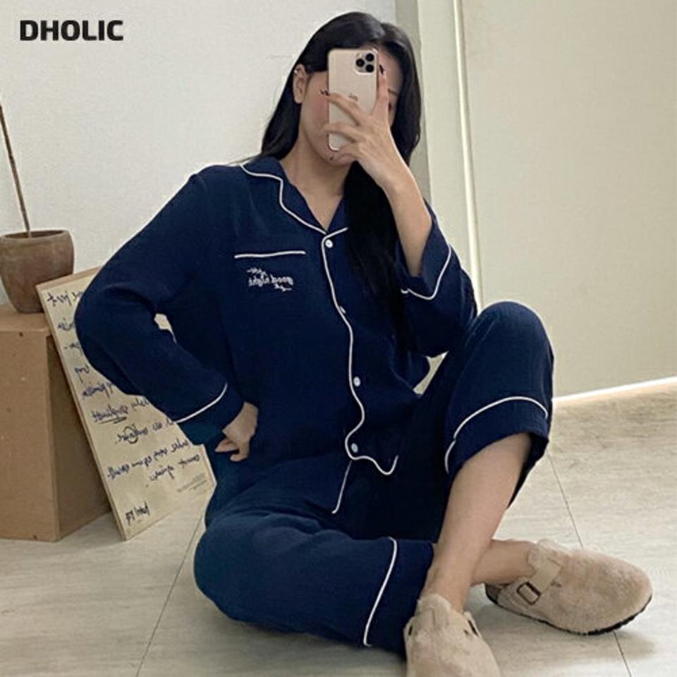 刺繍パイピングパジャマSET・p001385 レディース 【uw】パジャマ 部屋着 ルームウェア 寝巻 トップス シャツ 柄 模様 長袖 配色 パイピング ライン 襟 えり ボタン ぼたん パンツ ロング丈 秋 冬 カジュアル かわいい 可愛い 韓国ファッション MKT