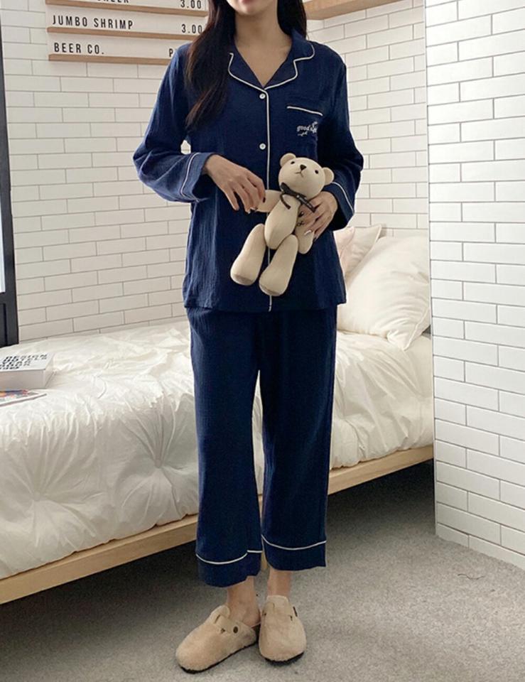 刺繍パイピングパジャマSET・p001385 レディース 【uw】パジャマ 部屋着 ルームウェア 寝巻 トップス シャツ 柄 模様 長袖 配色 パイピング ライン 襟 えり ボタン ぼたん パンツ ロング丈 秋 冬 カジュアル かわいい 可愛い 韓国ファッション MKT