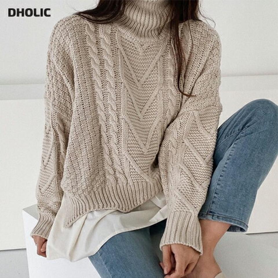 【マラソン特価】フレアへムタートルケーブルニット・p001303 レディース 【tops】トップス ニット 長袖 ドッキング レイヤード 配色 柄 模様 異素材 ケーブル編み ケーブルニット タートルネック 秋 冬 カジュアル 韓国ファッション MKT