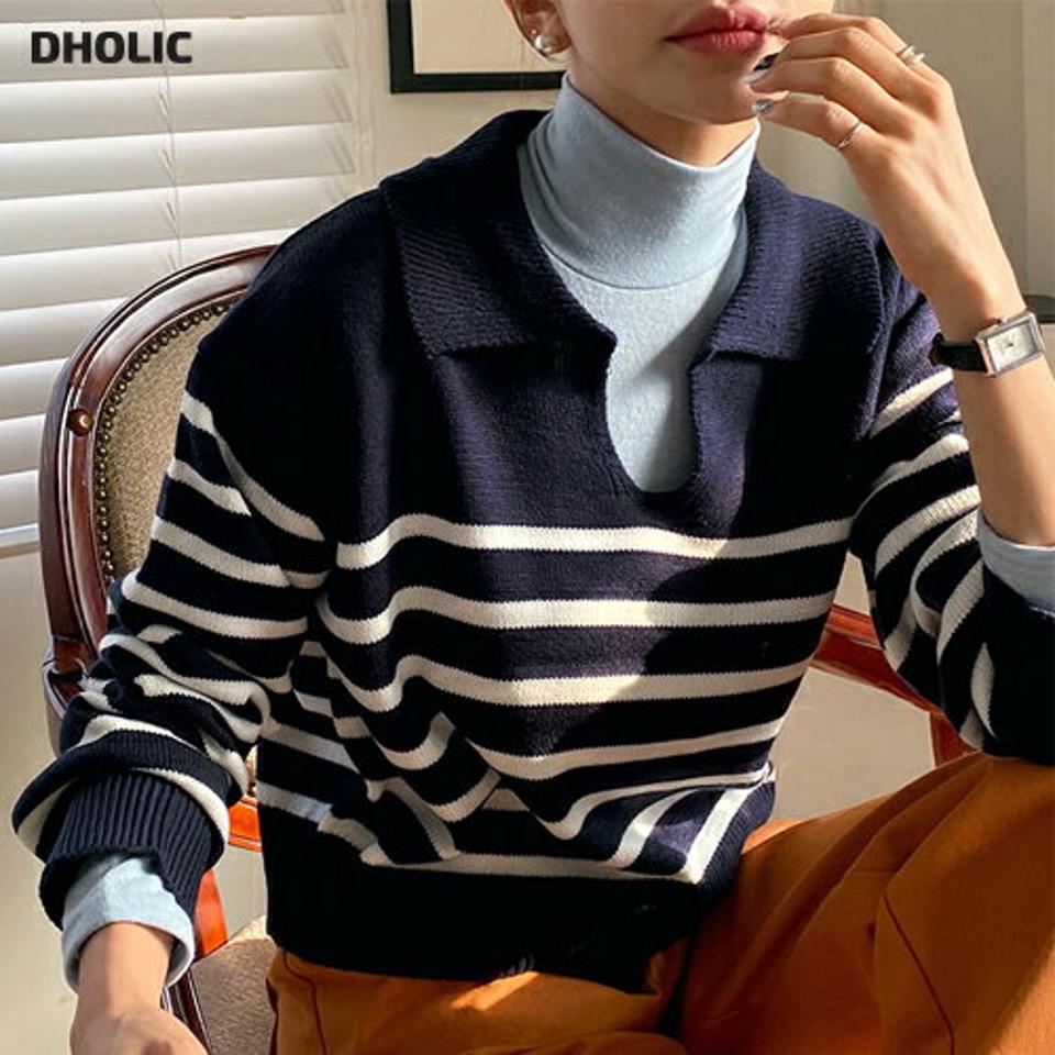 スキッパーボーダー長袖ニット・b00015 レディース 【tops】トップス ニット 大人 カラーネック 長袖 スリット リブヘム ドロップショルダー ボーダー クロップド丈 シンプル フェミニン カジュアル かわいい 可愛い 秋 冬 春 韓国ファッション