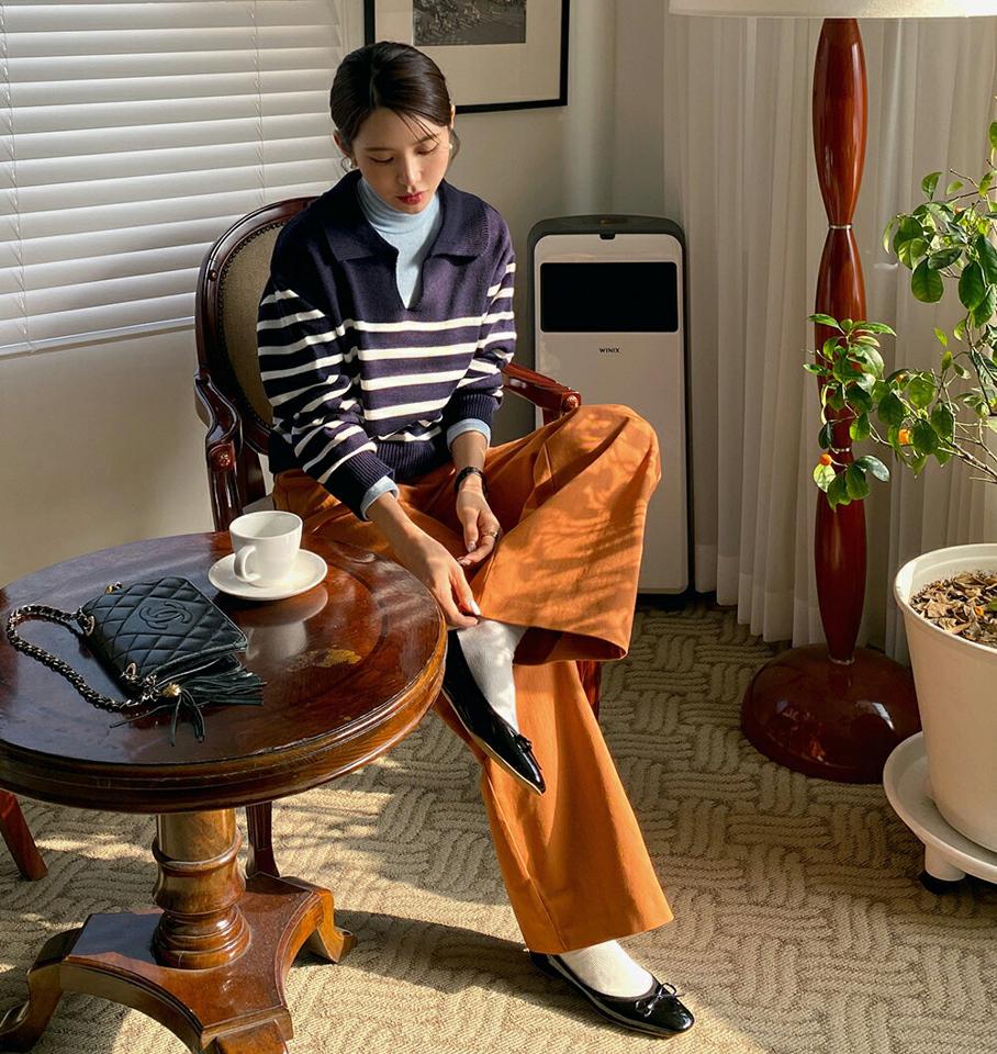 スキッパーボーダー長袖ニット・b00015 レディース 【tops】トップス ニット 大人 カラーネック 長袖 スリット リブヘム ドロップショルダー ボーダー クロップド丈 シンプル フェミニン カジュアル かわいい 可愛い 秋 冬 春 韓国ファッション