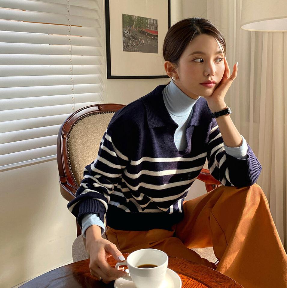 スキッパーボーダー長袖ニット・b00015 レディース 【tops】トップス ニット 大人 カラーネック 長袖 スリット リブヘム ドロップショルダー ボーダー クロップド丈 シンプル フェミニン カジュアル かわいい 可愛い 秋 冬 春 韓国ファッション