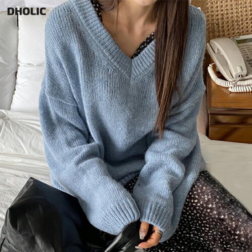 アルパカ混Vネックルーズニット・t00034 レディース 【tops】トップス ニット 大人 Vネック 長袖 ウール混 アルパカ混 リブヘム ルーズ ドロップショルダー 無地 単色 シンプル フェミニン カジュアル かわいい 可愛い 秋 冬 春 韓国ファッション
