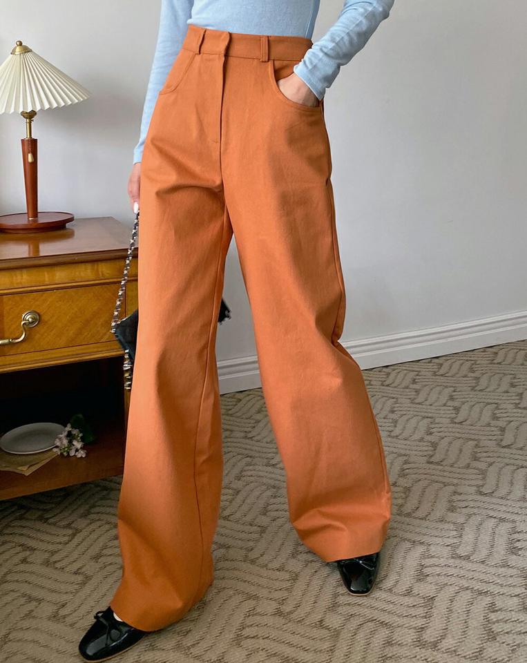 ホックワイドコットンパンツ・t00025 レディース 【pt】ボトムス ロング ロングパンツ コットンパンツ ワイド ストレート フルレングス ベルトループ 無地 単色 シンプル フェミニン カジュアル 秋 冬 春 韓国ファッション