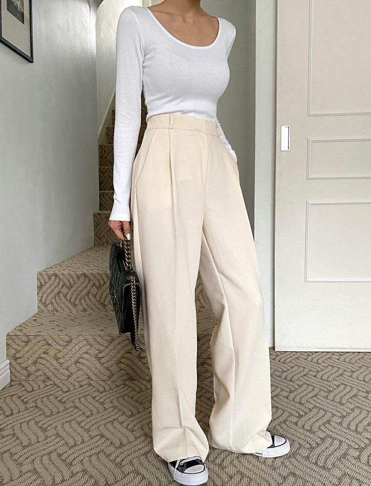 タックホックワイドスラックス・t00029 レディース 【pt】ボトムス ロング ロングパンツ ワイド ストレート ハイウエスト ワンタック フルレングス ウエストバックゴム 無地 単色 シンプル フェミニン カジュアル 秋 冬 春 韓国ファッション