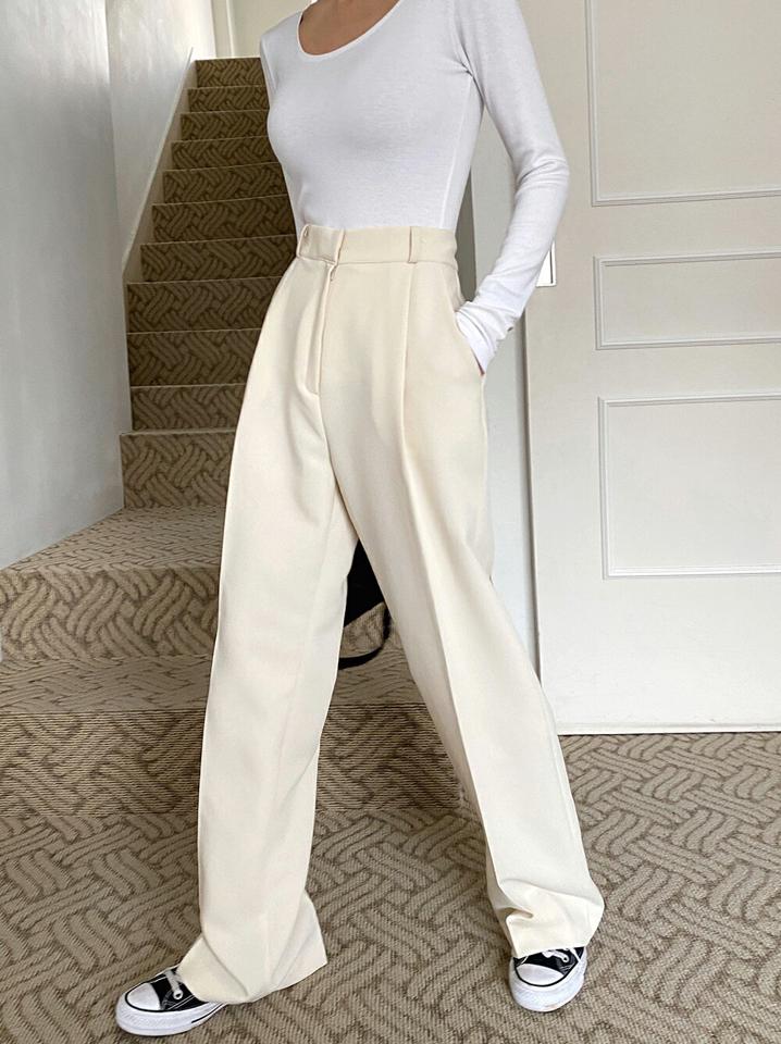 タックホックワイドスラックス・t00029 レディース 【pt】ボトムス ロング ロングパンツ ワイド ストレート ハイウエスト ワンタック フルレングス ウエストバックゴム 無地 単色 シンプル フェミニン カジュアル 秋 冬 春 韓国ファッション