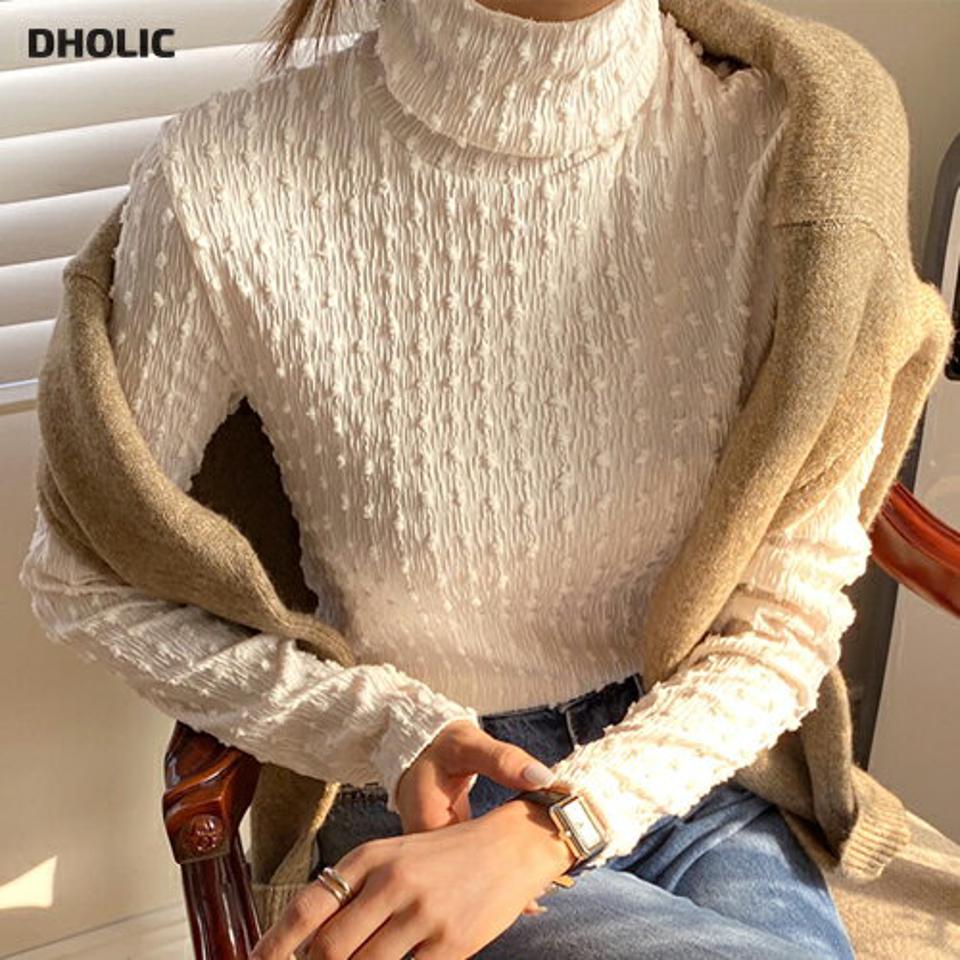 【マラソン特価】ドットリンクルハイネックTシャツ・t71685 レディース 【tops】トップス Tシャツ ハイネック 長袖 ドットテクスチャー リンクル シンプル 大人 単色 フェミニン カジュアル かわいい 可愛い 秋 冬 春 韓国ファッション セール