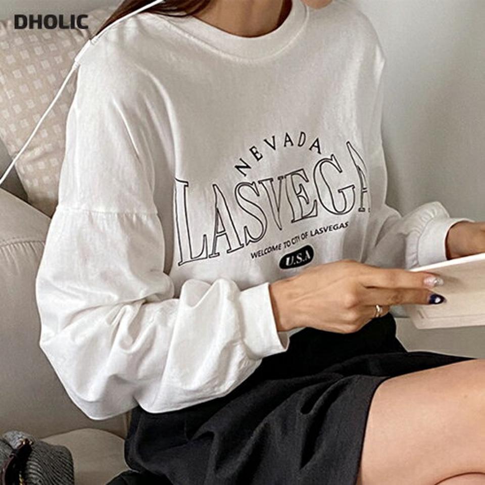 LASVEGASラウンドネック長袖Tシャツ・t71681 レディース 【tops】トップス Tシャツ ラウンドネック 長袖 ロゴ ドロップショルダー 手元ギャザー シンプル 大人 フェミニン カジュアル かわいい 可愛い 秋 冬 春 韓国ファッション