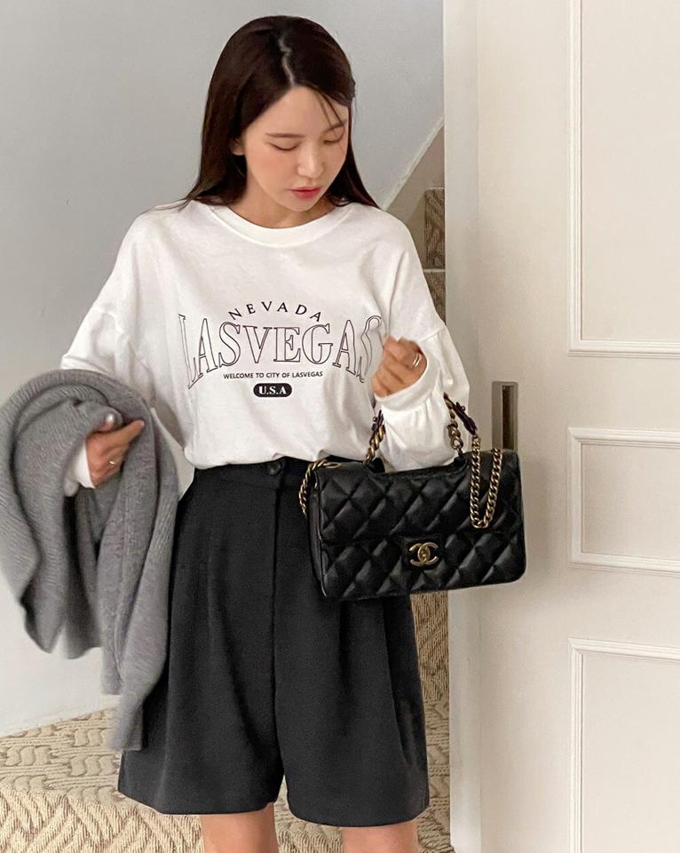 LASVEGASラウンドネック長袖Tシャツ・t71681 レディース 【tops】トップス Tシャツ ラウンドネック 長袖 ロゴ ドロップショルダー 手元ギャザー シンプル 大人 フェミニン カジュアル かわいい 可愛い 秋 冬 春 韓国ファッション