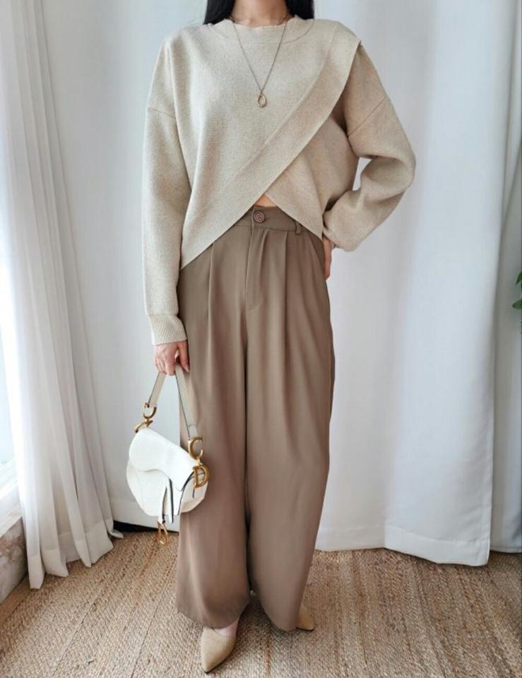 2WAYウール混クロスニット・p001574 レディース 【tops】 トップス ニット ラウンドネック 長袖 クロス クロスデザイン ドロップショルダー リブヘム ルーズフィット ユニーク お出かけ 2WAY 大人 カジュアル 冬 韓国ファッション MKT
