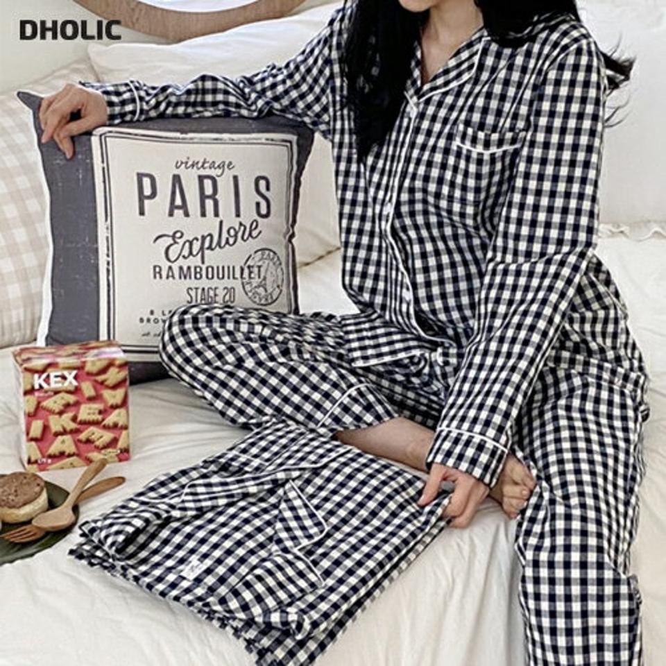 ブロックチェックパジャマSET・p001556 レディース 【uw】ルームウェア パジャマ 部屋着 セット セットアップ シャツ 長袖 柄 模様 パンツ ロング丈 ギンガムチェック 秋 冬 カジュアル キュート かわいい 可愛い 韓国ファッション MKT