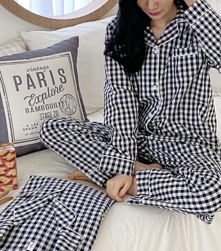 ブロックチェックパジャマSET・p001556 レディース 【uw】ルームウェア パジャマ 部屋着 セット セットアップ シャツ 長袖 柄 模様 パンツ ロング丈 ギンガムチェック 秋 冬 カジュアル キュート かわいい 可愛い 韓国ファッション MKT