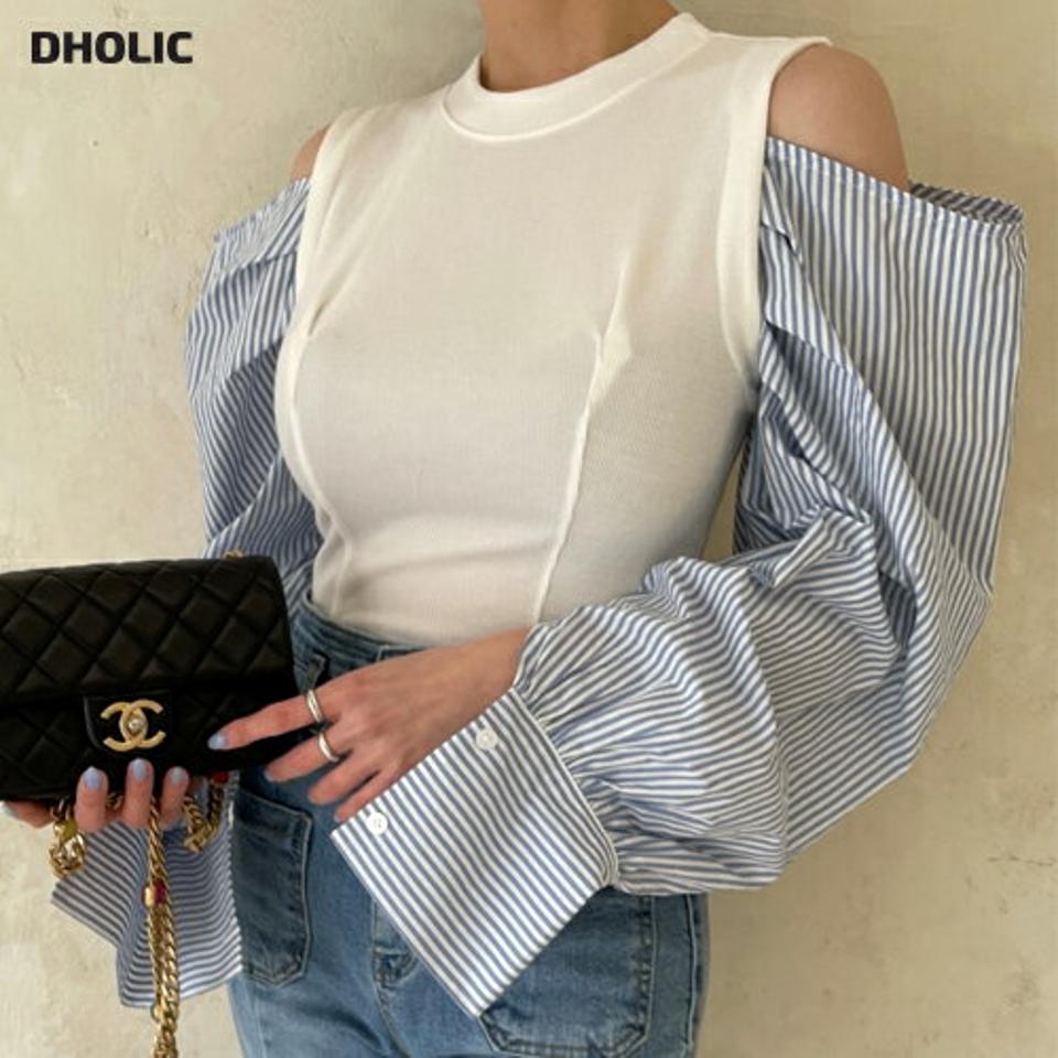 【マラソン特価】【送料無料】2TYPEオープンショルダーパフTシャツ・p001504 レディース 【tops】トップス 長袖 Tシャツ 柄 模様 ストライプ シャツ ドッキング ユニーク 肩出し セクシー 大人 秋 冬 春 無地 配色 韓国ファッション MKT セール
