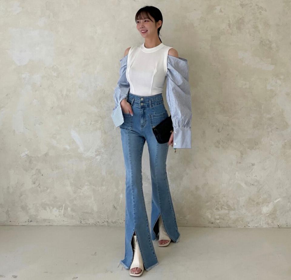 【マラソン特価】【送料無料】2TYPEオープンショルダーパフTシャツ・p001504 レディース 【tops】トップス 長袖 Tシャツ 柄 模様 ストライプ シャツ ドッキング ユニーク 肩出し セクシー 大人 秋 冬 春 無地 配色 韓国ファッション MKT セール