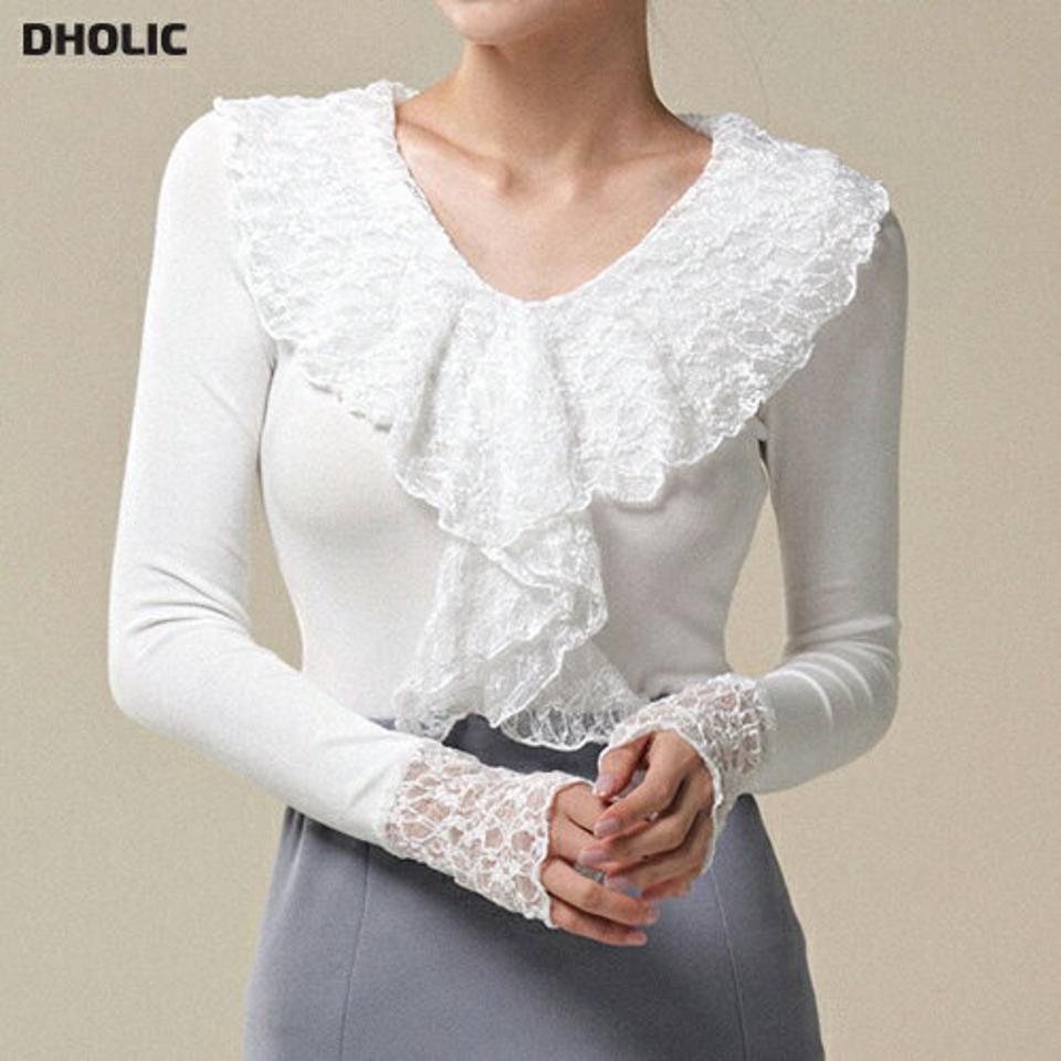 レースラッフルVネックTシャツ・t00006 レディース 【tops】トップス Tシャツ Vネック 長袖 大人 レースラッフル クロップド丈 リブ シンプル 可愛い かわいい 大人 フェミニン カジュアル 秋 冬 春 韓国ファッション