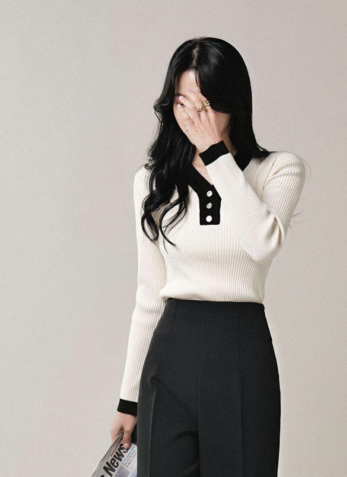 ボタンVネック配色リブニット・b00009 レディース 【tops】トップス ニット 大人 Vネック 長袖 リブ スリム 配色 トリミング ボタン シンプル ユニーク 大人 フェミニン カジュアル かわいい 可愛い 秋 冬 春 韓国ファッション