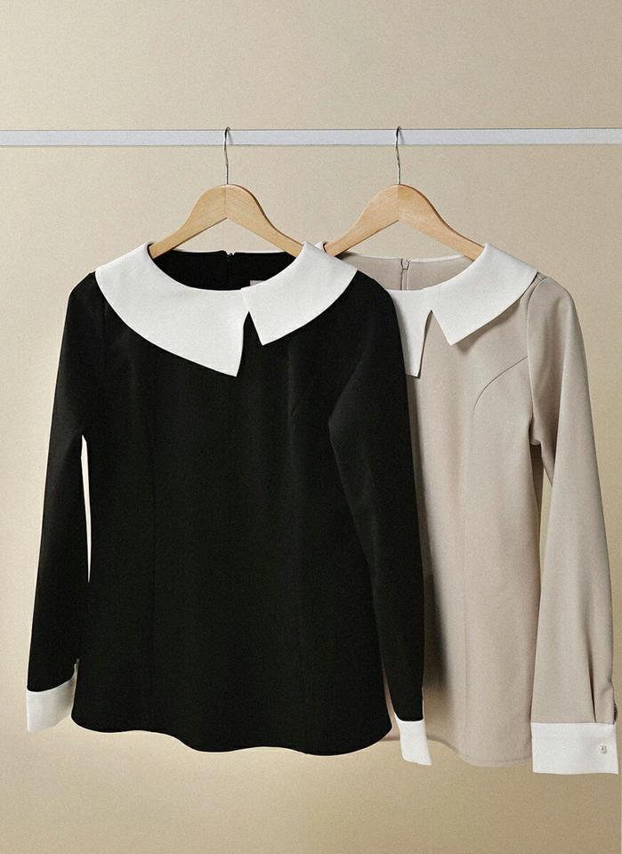 アシメカラー配色ブラウス・b00001 レディース 【bl】トップス ブラウス ラウンドネック 長袖 アシメカラー 配色 バックダーツ パール調 ボタン シンプル かわいい 可愛い 上品 大人 カジュアル フェミニン 秋 冬 春 韓国ファッション